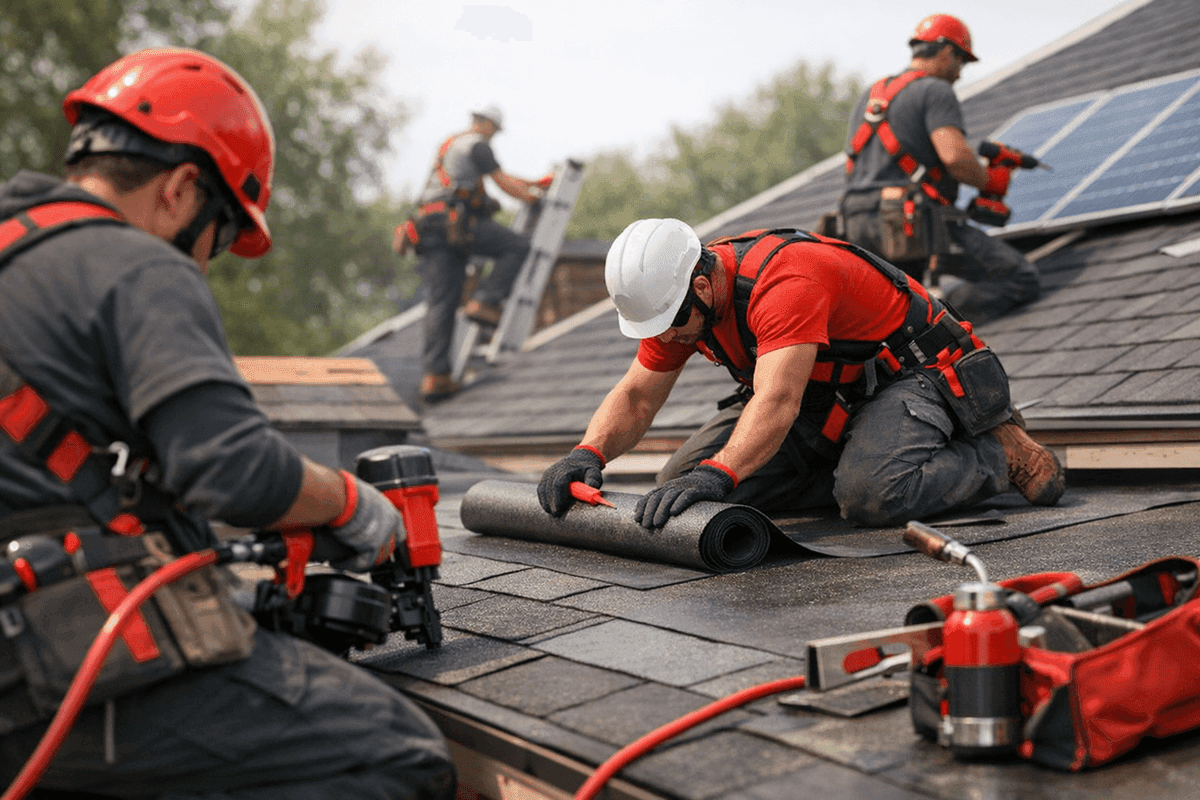 Close-up of roofer’s gloved hands aligning red asphalt shingles on a new roof
